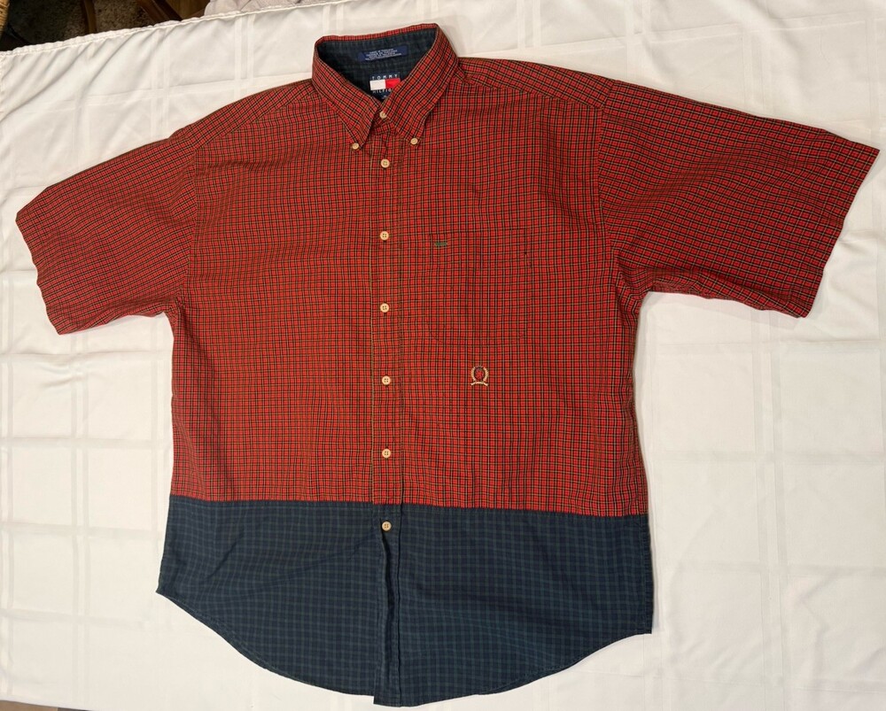 Vintage 90s Tommy Hilfiger 2-Tone Patchwork Colorblock Plaid Button Up Shirt XL